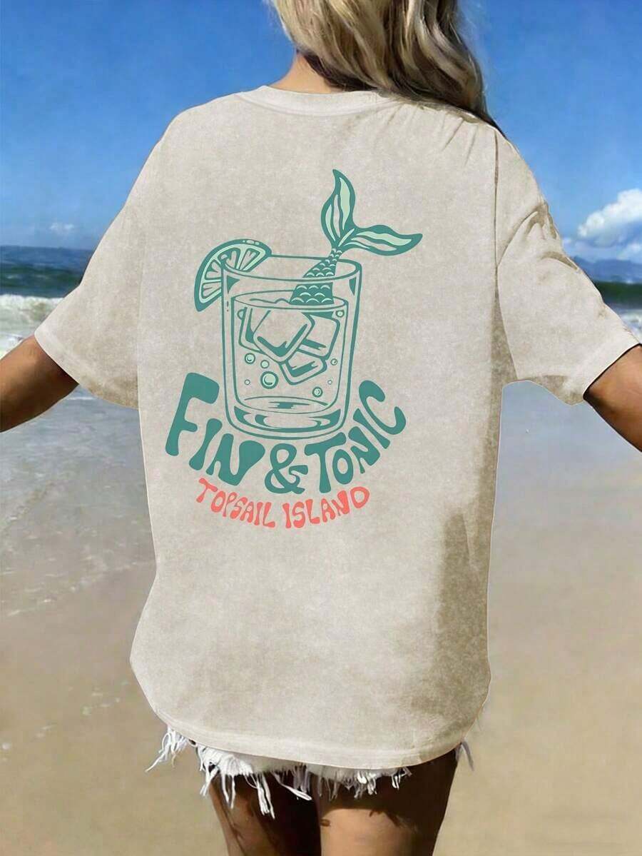 Camiseta/1 Pieza/100% Algodón Puro, Camiseta de Manga Corta con Cuello Redondo para Mujer, Lavado Retro, Estampado de Cóctel, Adecuada para Usar en Verano. -Vintage Street Style Unisex Loose Cotton Short Sleeve Crew Neck T-Shirtblusas para mujer, playeras de mujer,blusas casuales para dama, - Albaricoque - Ver 1