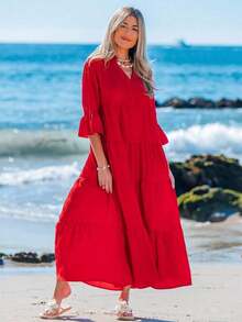Vestido de vacaciones con mangas acampanadas y volantes en el bajo, unicolor para mujer, atuendos de vacaciones para mujer - Burdeos - Ver 8