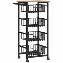 Kitchen/Service Trolley With Countertop, 4 Extendable Steel Baskets, Wheeled Office Trolley, 49.5 X 31 X 91 Cm, Oak - Camel - View 1