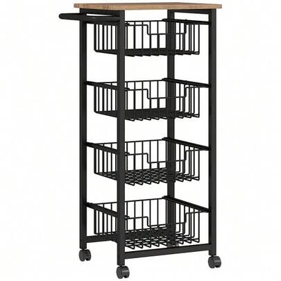 Kitchen/Service Trolley With Countertop, 4 Extendable Steel Baskets, Wheeled Office Trolley, 49.5 X 31 X 91 Cm, Oak
