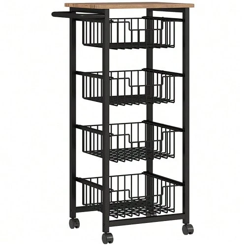Kitchen/Service Trolley With Countertop, 4 Extendable Steel Baskets, Wheeled Office Trolley, 49.5 X 31 X 91 Cm, Oak - Camel - View 1