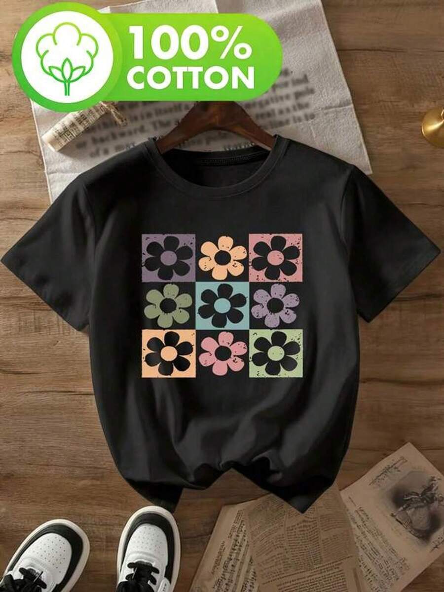 Women's 100% Cotton Short-Sleeved T-Shirt With Abstract Floral Print In Muted Colors - Women's Short-Sleeved T-Shirt With A Retro Young Internet Celebrity Style, 100% Pure Cotton, Round Neck, Printed, Soft And Comfortable, Casual Style, Available In Various Colors For Spring, Summer And Autumn, An Excellent Gift Choice - 黑色 - 查看 1