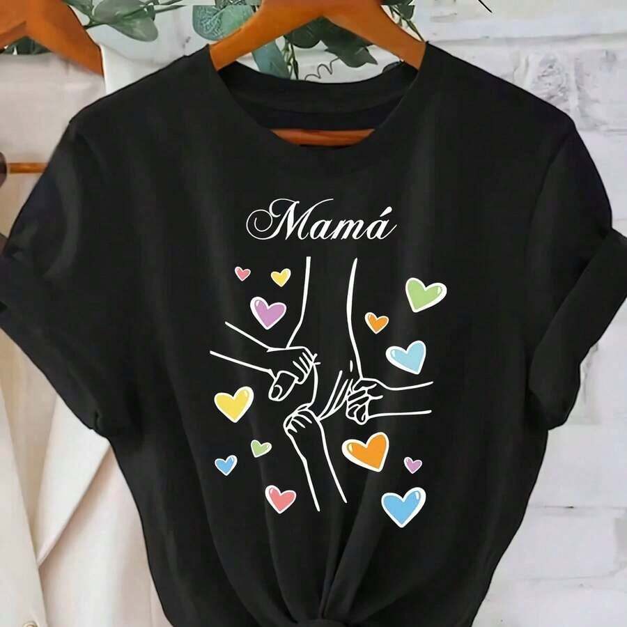 Vintage Camiseta Negra para Mujer con Estampado de Manos y Corazones Mamá Regalo Ideal para Madres Día de la Madre Estilo Casual y CómodoFashion 100% Cotton - Negro - Ver 1