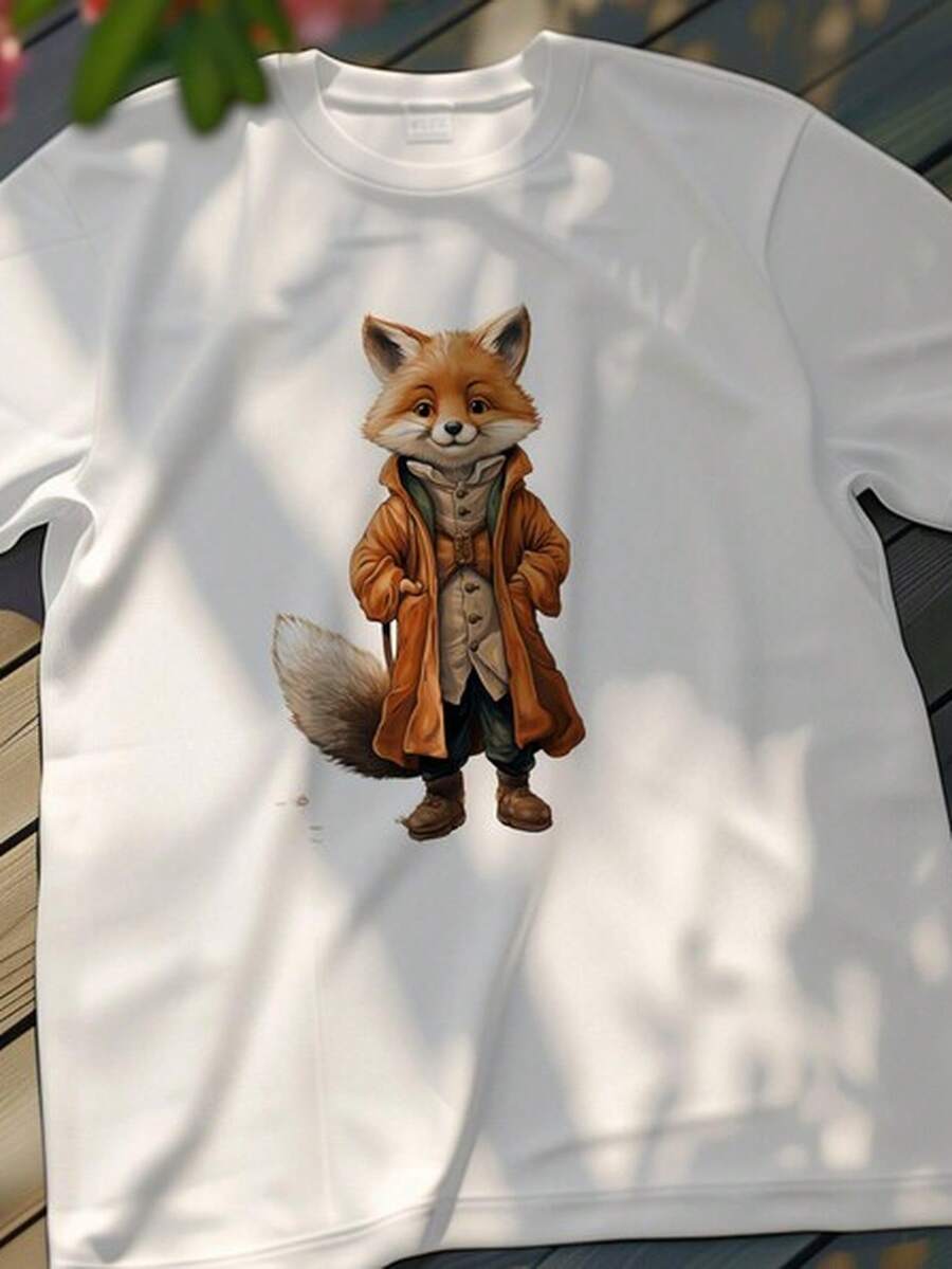 Cute Dapper Fox Graphic UniS1ex T1S1Hirt, Animal Lovers Gift, Adorable Fox In Vintage Clot1hing, Unique Fox S1Hirt, WhimsiC1Al Fox T1EE - 白色 - 查看 1