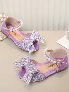 1 Pair Children's Sandals With Rhinestone, Pearl, Bow Decor, PU Patchwork Round Toe, Suitable For Daily Wear, Dance, Outdoor, Festivals, Parties, Glitter Princess Shoes, Fit For Spring, Summer, Autumn - Purple - View 4