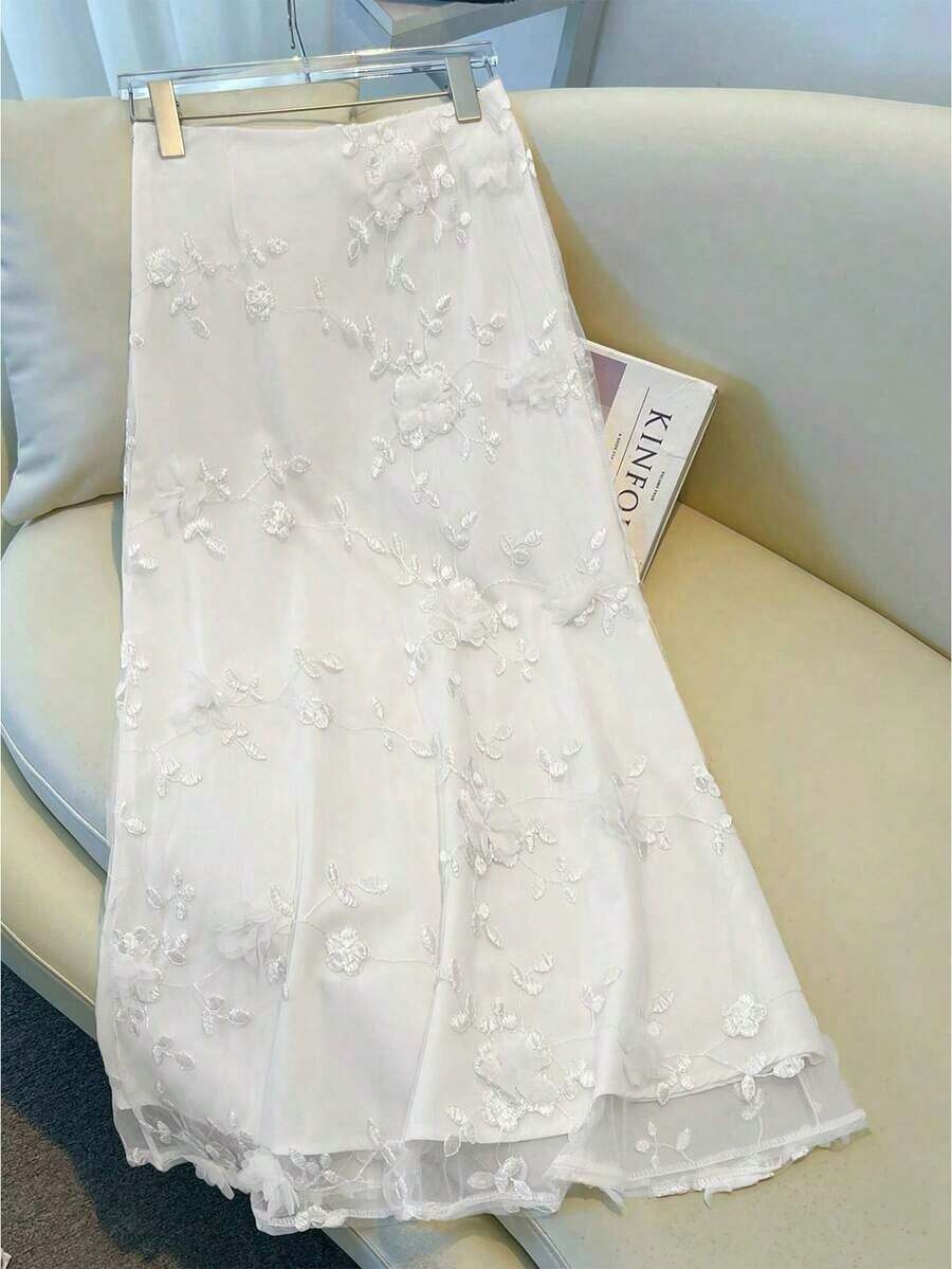 Falda de sirena con parches de malla bordada elegante para mujer - Blanco - Ver 1