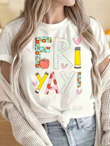 Camiseta de Mujer con Estampado Gráfico, Algodón Ligero, Verano. Camiseta Casual de Manga Corta con Cuello Redondo y Estampado. Camiseta Friyay Teacher con Diseño de Lápiz Colorido, Manzana y Corazón para Diversión de Viernes y Espíritu Escolar. Adecuada para Fiestas de Navidad, Actividades Deportivas, Fiestas de Vacaciones, Salidas, Deportes y Otros Regalos Festivos (220g).Oversize Camiseta Mujer Estampado 100% Algodón Puro - Blanco - Ver 5