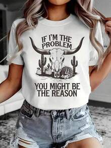 Women's Clothing Funny Western Saying T-Shirt For Women - "If I'm The Problem, You Could Be The Reason" - Cowboy Print Top - Casual Crew Neck T-Shirt - Humorous Country Western Style T-Shirt For Women - Light Gray With Bold Lettering - Suitable For Daily And Party Wear - Machine Washable - Unique Short Sleeve Garment For Summer And Spring - Fun Cowgirl Design With Cactus And Horseshoe Elements - Loose Fit Clothing - Comfortable Essential For Summer And Casual Chic Style 2026 - Suitable For Casual Spring And Summer Wear - Women's Shirts - 白色 - 查看 6
