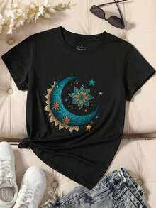 Minimalista |     1 Playera para Mujer 100% Algodón Transpirable | Camisetas estampadas para mujer, camisetas navideñas para mujer, camiseta gráfica con diseño de estrella, mandala y luna, manga corta, cuello redondo, corte casual, blusa elástica, ajuste cómodo, camisetas de algodón, camisetas para mujer – un gran regalo para familiares, amigos, novios y novias, ropa de invierno para mujer, ideal para el verano. Camiseta de Mujer de Color Sólido Simple, Corte Holgado y Ajustado, Casual de Manga Corta - Azul - Ver 5