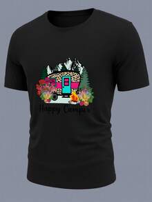 100% Cotton 190g T-Shirt For Outdoor Sports And Leisure, Happy Hiker Floral Design, Round Neck, Short Sleeves, Loose Fit, Plus Size Casual For Ladies/Women, Breathable And Comfortable, Sizes S-XXL - 黑色 - 查看 2