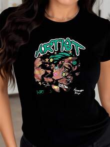 An Artistic Face Formed By Intense Colors And Urban Symbols That Represent Creativity And The Duality Of Human Emotions Reflected In Contemporary Expressions. Modern Casual Graphic Art Women's T-Shirt - 黑色 - 查看 8