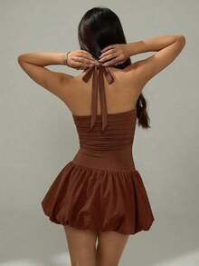 Vestido informal corto de unicolor con cuello de lazo y espalda descubierta para mujer - Marrón - Ver 2