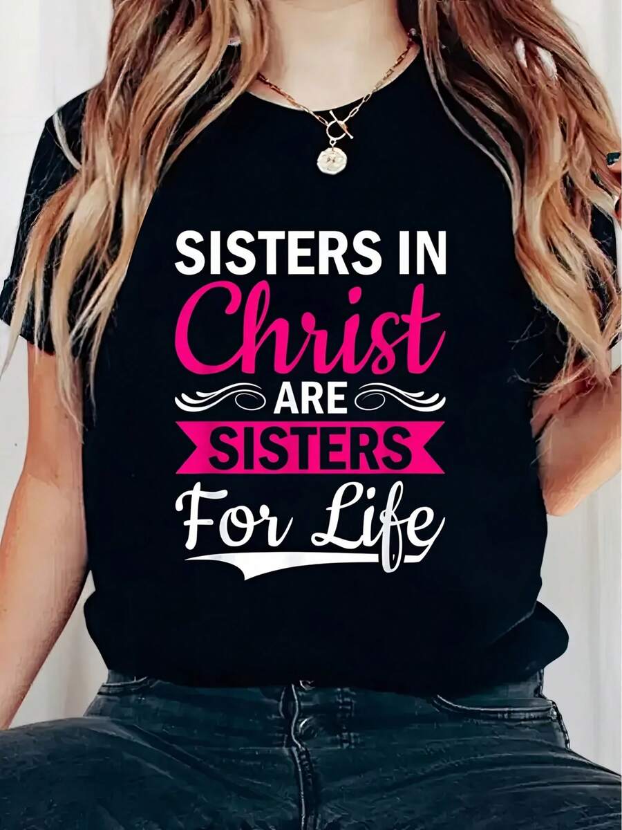 Camiseta 100% Algodón: 1 pieza de camiseta con estampado de primavera/verano, de manga corta, cuello redondo, estilo casual, elegante para fiestas de mujer en primavera/verano, camiseta ideal como regalo para las vacaciones. - Negro - Ver 1