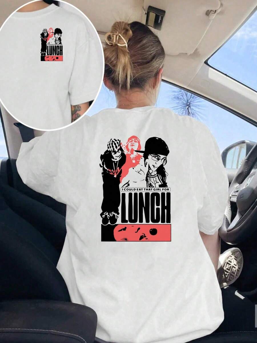 Camiseta gráfica de hip-hop para mujer - Estampado frontal y trasero con texto llamativo "LUNCH" - Camiseta blanca para conciertos, ropa casual de calle - Tela no transparente - Top casual para primavera/otoño/verano - Ropa de moda urbana, ropa de hip-hop, atuendo para conciertos, camiseta de cuello redondo, ajuste cómodo, atuendo de primavera/verano, estampado duradero, camiseta de manga corta, camiseta Y2k para mujer. - Negro - Ver 1