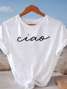 100% Cotton Casual Short Sleeve T-Shirt With Round Neck And "CIAO" Graphic Print For Summer And Spring, Women's Clothing - 白色 - 查看 1