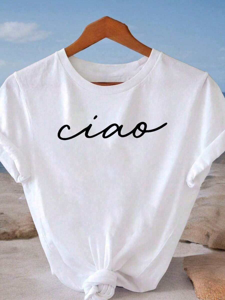 100% Cotton Casual Short Sleeve T-Shirt With Round Neck And "CIAO" Graphic Print For Summer And Spring, Women's Clothing - 白色 - 查看 1