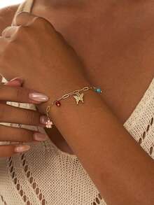 1pc Women's Bracelet, Bohemian Beach Tassel Layered Style, Copper Zirconia Butterfly, Pink Flower & Leaf Pendant, Multicolor Natural Stone, Turquoise Beads, Paperclip Chain, Daily Accessory & Gift - Yellow Gold - View 1