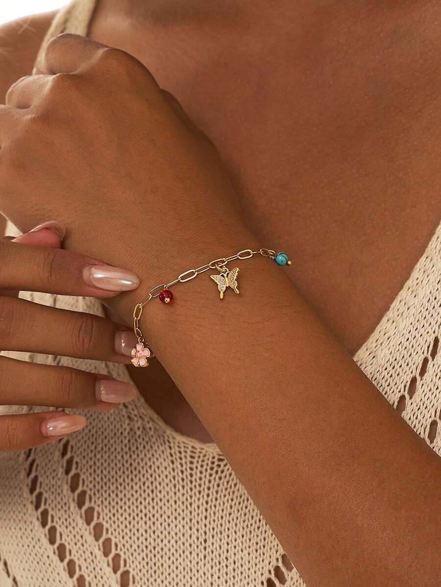 1pc Women's Bracelet, Bohemian Beach Tassel Layered Style, Copper Zirconia Butterfly, Pink Flower & Leaf Pendant, Multicolor Natural Stone, Turquoise Beads, Paperclip Chain, Daily Accessory & Gift - Yellow Gold - View 1