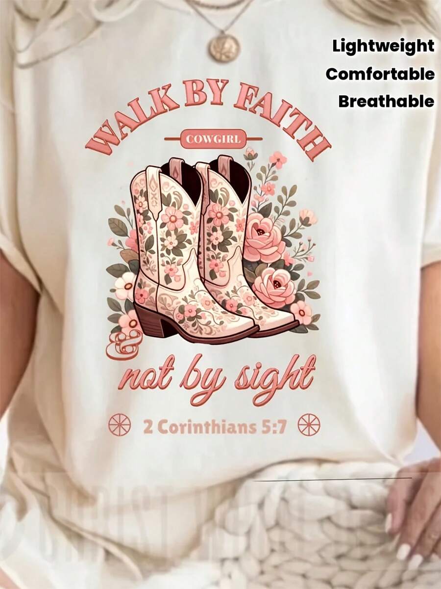 Women's Christian Faith T-Shirt - Bible Verse Graphic Tee "Walk By Faith, Not By Sight" - Soft And Breathable Crew Neck Top - Lightweight Religious T-Shirt For Everyday Wear, Perfect For Women - Pastors' Bible Verse Inspired Clothing - Faith-Based Gift Idea - 白色 - 查看 1