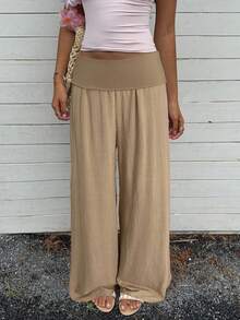 Women's Low Waisted Pants Solid Color Wide Leg Loose Fit Trousers Women Comfortable Casual Daily Wear - Caqui - Ver 3