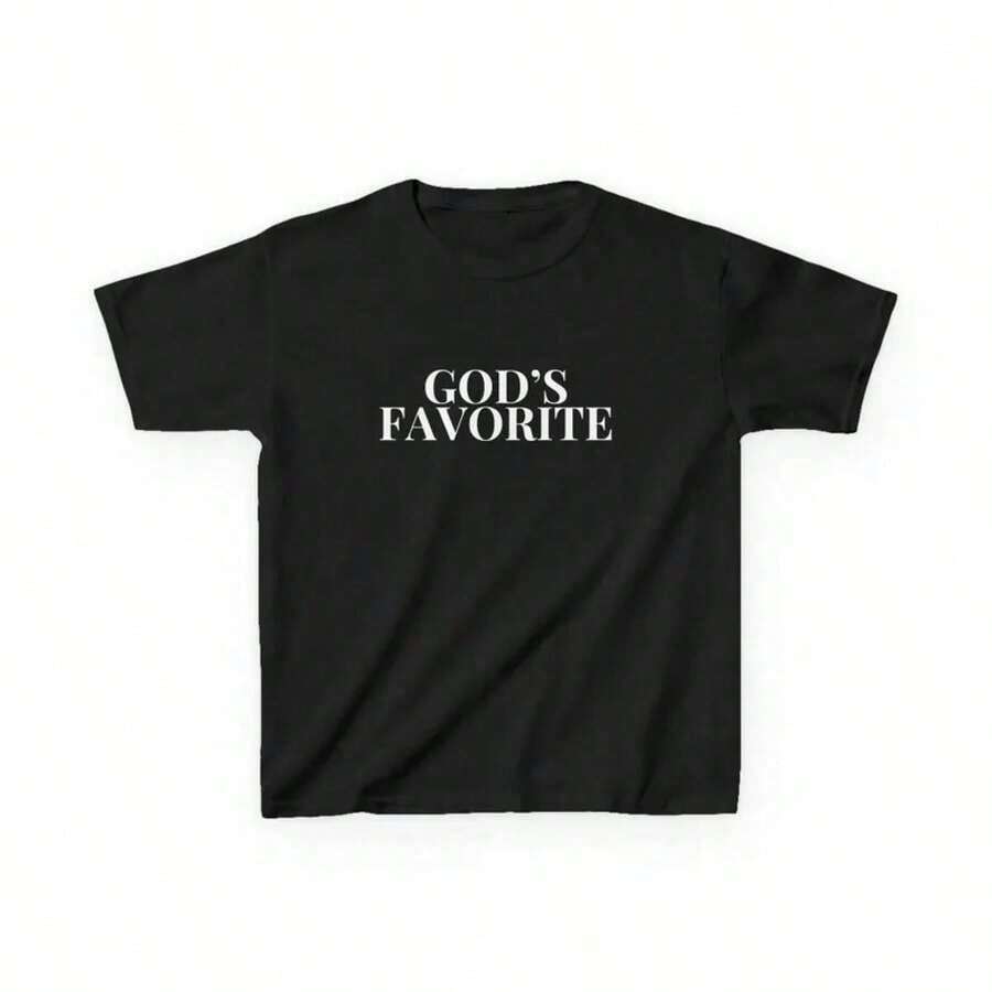 Women's Short-Sleeved Crop Tops, Printed With The Slogan "God's Favorite", Y2K Style Fitted T-Shirt, 90s Vintage Style, Religious Gift For Mother's Day, Casual. - 黑色 - 查看 1