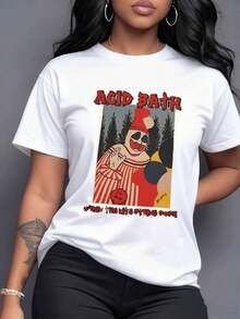 Carnival Clown, Distinctive Face Makeup, Red Lips, Blue Circles, Eyes, Vertical Striped Suit, Pointed Hat And Floating Balloons, Ideal Garment For Alternative Culture And Rock Music. Women's T-Shirt 220g, Maija Women Curvy. - 白色 - 查看 7