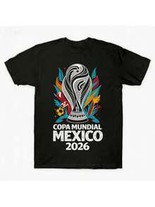 1 Camiseta de manga corta con cuello redondo para hombre, de algodón, color liso, con estampado de la Copa Mundial de México 2026 y la letra inglesa Copa, ideal para uso diario, salidas, ocio, deportes, viajes escolares, reuniones familiares y otras ocasiones. Camiseta de manga corta, camiseta de verano, múltiples camisetas se pueden regalar como obsequio a familiares. Estilo Y2k de los 2000. - Negro - Ver 1