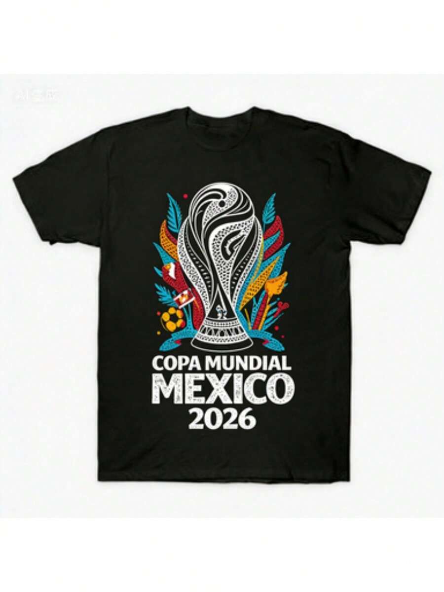 1 Camiseta de manga corta con cuello redondo para hombre, de algodón, color liso, con estampado de la Copa Mundial de México 2026 y la letra inglesa Copa, ideal para uso diario, salidas, ocio, deportes, viajes escolares, reuniones familiares y otras ocasiones. Camiseta de manga corta, camiseta de verano, múltiples camisetas se pueden regalar como obsequio a familiares. Estilo Y2k de los 2000. - Negro - Ver 1