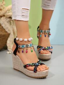 Women's Fashion Round Toe Open Toe Summer Plus Size Bohemian Style Wedge Platform Sandals - Black - View 7