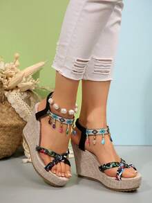 Women's Fashion Round Toe Open Toe Summer Plus Size Bohemian Style Wedge Platform Sandals - Black - View 8