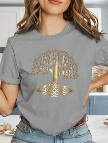 Women's High-Quality, Comfortable And Stylish T-Shirt, Y2K Style, With Geometric Logo Print "Golden Celtic Tree Root System" - Slim Fit Short Sleeve T-Shirt, Black And Gold, Casual Summer Wear, Machine Washable Stretch Fabric (Wrinkle-Resistant), Suitable For Casual And Layering Wear, New 2026 Collection - 100% Breathable Cotton - 白色 - 查看 7