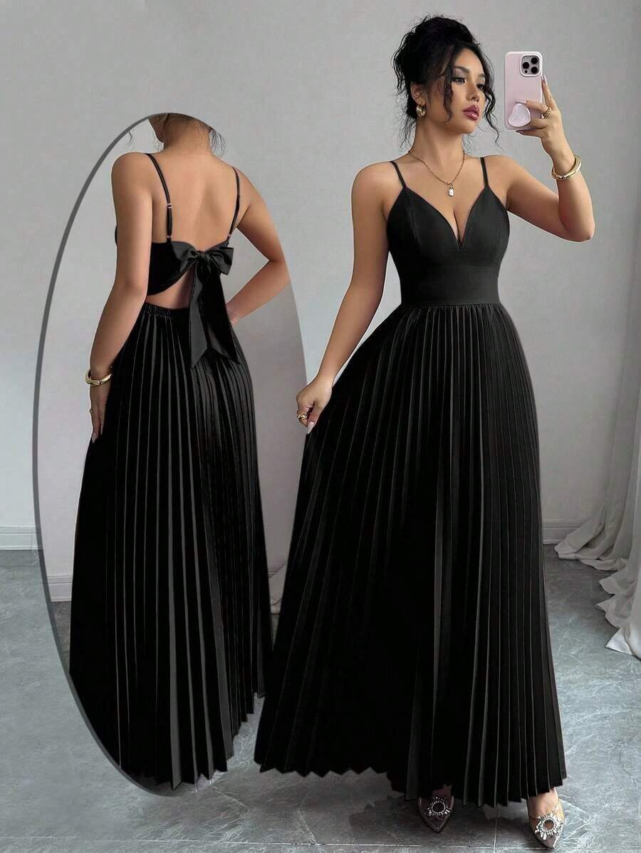 Vestido largo de mujer de unicolor, minimalista y casual con tirantes finos, espalda descubierta y lazo - Negro - Ver 1