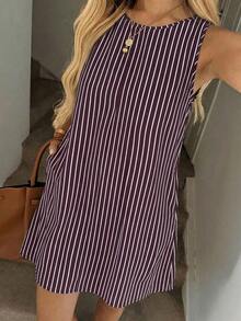 Vestido casual de mujer de línea A sin mangas a rayas con bolsillos acolchados, conjunto elegante de vacaciones, estilo retro lujoso - Multicolor 6 - Ver 5