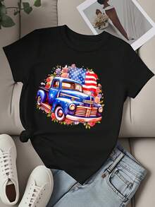 1 pieza Camiseta de Mujer Casual de Corte Holgado con Cuello Redondo, Azul, Estampado Floral de Bandera Americana Vintage, Patriótica, para Celebración del Día de la Independencia, Atuendo d - Negro - Ver 2