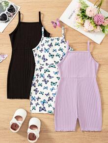 3pcs/Set Young Girls' Summer Fashion Versatile Butterfly Print Decorated Solid Color Ribbed Wave Hem Splicing Camisole Romper, Suitable For Outdoor Wear - Purple - View 3