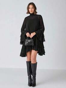 Vestido elegante de manga larga con cuello alto y diseño de capas en unicolor para mujer - Negro - Ver 3
