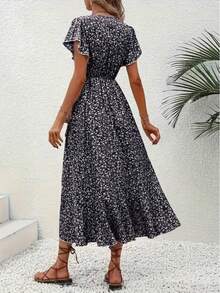 Vacation Casual Ditsy Floral Ruffle Tie-Wrap Dress - Black - View 2