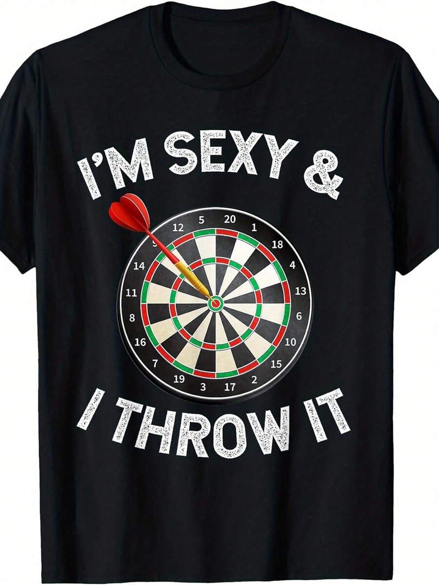 Camiseta Divertida para Hombres "Yo Soy & Lo Lanzó" con Diseño de Dardos - Estilo Retro y Corte Holgado, Manga Corta con Estampado de Dardos - Ideal para Aficionados a los Dardos, Uso Casual y de Fiesta - Camiseta de Manga Corta para Todas las Estaciones - Negro - Ver 1