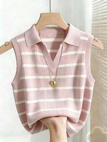 Camiseta de tirantes de punto con cuello y rayas elegante y casual para mujer - Rosa - Ver 1