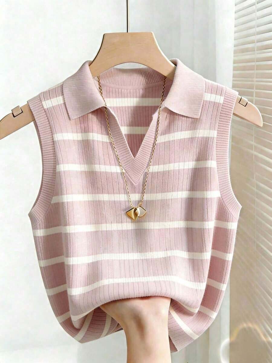 Camiseta de tirantes de punto con cuello y rayas elegante y casual para mujer - Rosa - Ver 1
