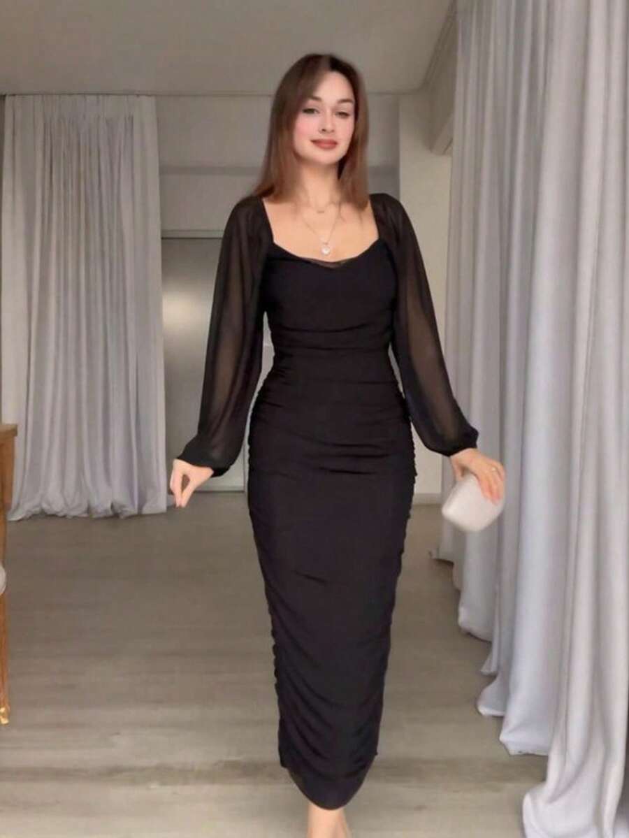 Nuevo vestido mujer primavera 2026, con pliegues, color sólido, cintura ajustada, elegante y de moda. - Negro - Ver 1
