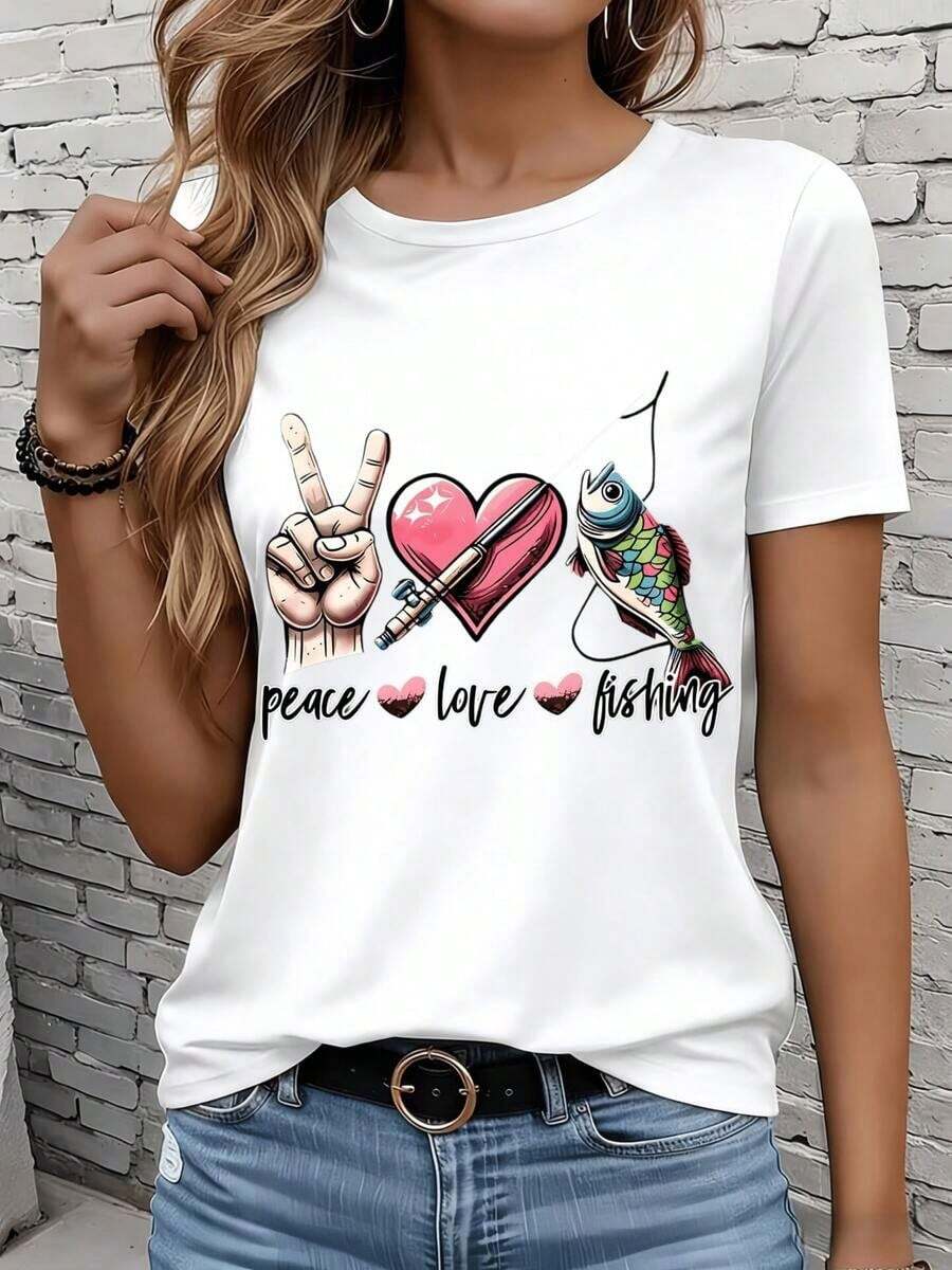 Camisetas de manga corta para mujer en blanco y negro son adecuadas para el ocio diario, el hogar y los viajes al aire libre. Camiseta con diseño gráfico de paz, amor y pesca para mujer, con diseño de corazón y pez, para entusiastas de las actividades al aire libre. Regalo para fiestas o vacaciones. - Blanco - Ver 1