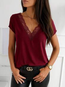 Casual Lace Patchwork Short Sleeve T-Shirt, Summer - Burgundy - View 2