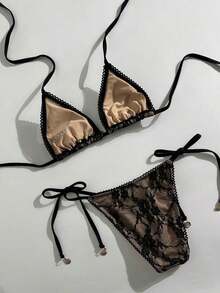 Swim Vcay - Conjunto de Bikini Triangular Sexy con Ribete de Encaje para Mujer, 2 Piezas, Conjunto de Bikini Halter con Tiras Simples para Vacaciones de Verano en la Playa - Negro - Ver 2