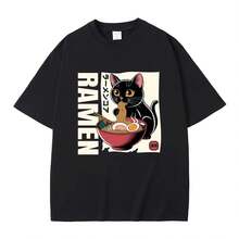 Camiseta divertida con estampado de gato RaM1en M1en WoM1en, estilo japonés vintage, informal, extragrande, corta, de algodón suave de 220 g para hombres y mujeres, confeccionada con un tejido premium duradero y agradable al tacto, ideal para todo tipo de cuerpo y para uso diario. Camisetas informales transpirables y ligeras, conjuntos elegantes para otoño, perfectas para la vida diaria, actividades al aire libre, viajes, vacaciones y fiestas temáticas durante todo el año. - Negro - Ver 1