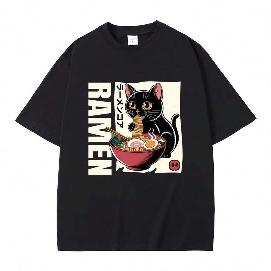 Camiseta divertida con estampado de gato RaM1en M1en WoM1en, estilo japonés vintage, informal, extragrande, corta, de algodón suave de 220 g para hombres y mujeres, confeccionada con un tejido premium duradero y agradable al tacto, ideal para todo tipo de cuerpo y para uso diario. Camisetas informales transpirables y ligeras, conjuntos elegantes para otoño, perfectas para la vida diaria, actividades al aire libre, viajes, vacaciones y fiestas temáticas durante todo el año. - Negro - Ver 1