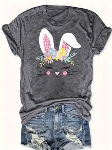 Plus Size Women's T-Shirt With Rabbit And Easter Egg Print - Five Panel Back With Rabbit Design, Round Neck, Casual Outfit For Easter And Spring, Casual Spring Festival Wear (Machine Washable) - Dark Grey - View 6