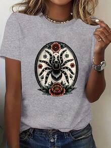 Talla Grande, Camiseta Oversize para Mujer con Estampado de Araña Estilo Tatuaje y Letras Florales - Blusa Casual de Cuello Redondo, Lavable a Máquina, Adecuada para Combinar en Otoño/Invierno, No es un Atuendo Casual - Gris - Ver 6