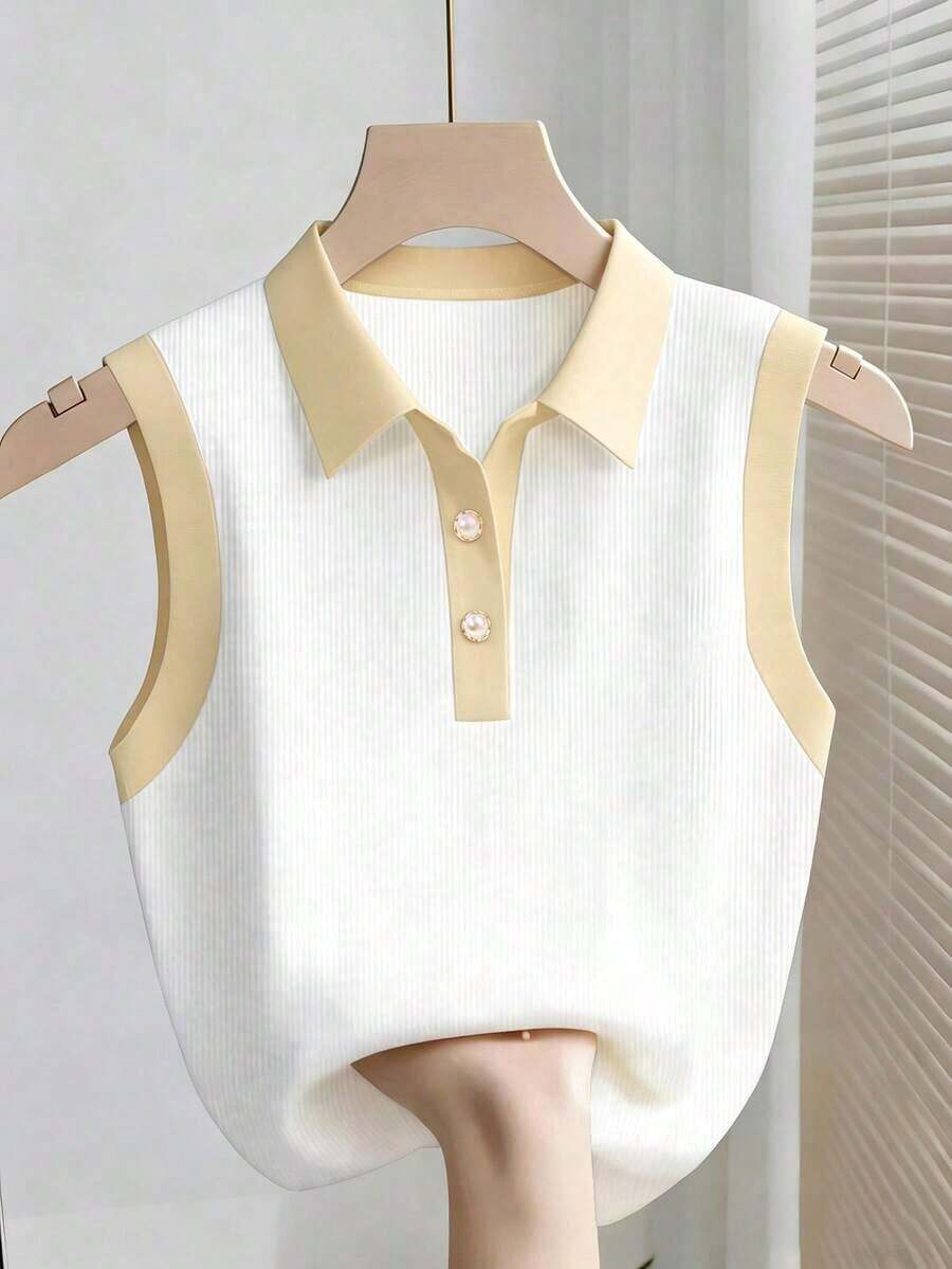 Parte superior sin mangas de contraste de color versátil casual para mujer, top blanco y negro, blusas de verano para mujer, blusas lindas y preppy, top de punto de verano sin mangas, camisa polo de punto para mujer, blusas de punto de verano par - Albaricoque - Ver 1