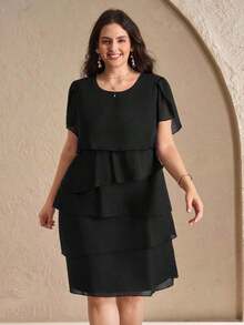 Reflora Vestido de moda con cuello redondo, mangas con volantes y estampado floral para mujer de talla grande - Negro - Ver 3